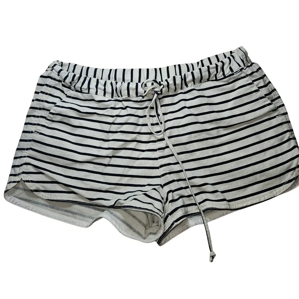 J. Crew Linen Blend SZ M Elastic Waist Shorts Blue Stripe Nautical Beach Coastal